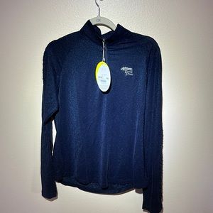 NWT. Woman’s Ruched lurex 1/4 zip long sleeve top. Size L. Torrey Pines edition.